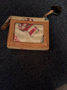 Dooney & Bourke White Printed ID Wallet with Tan Trim and Pink Accents